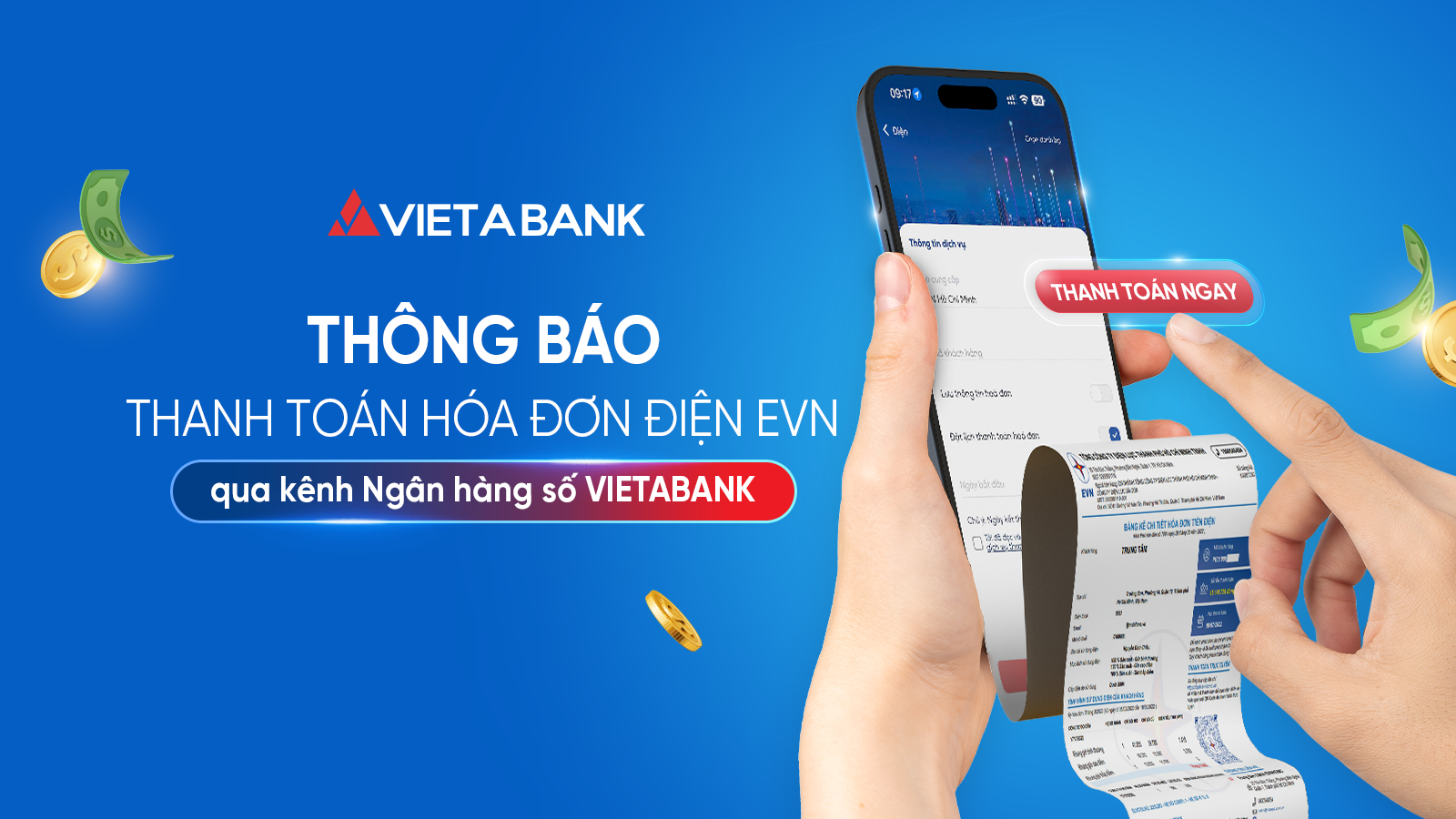 THÔNG BÁO THANH TOÁN HÓA ĐƠN ĐIỆN EVN QUA KÊNH NGÂN HÀNG SỐ VIETABANK 