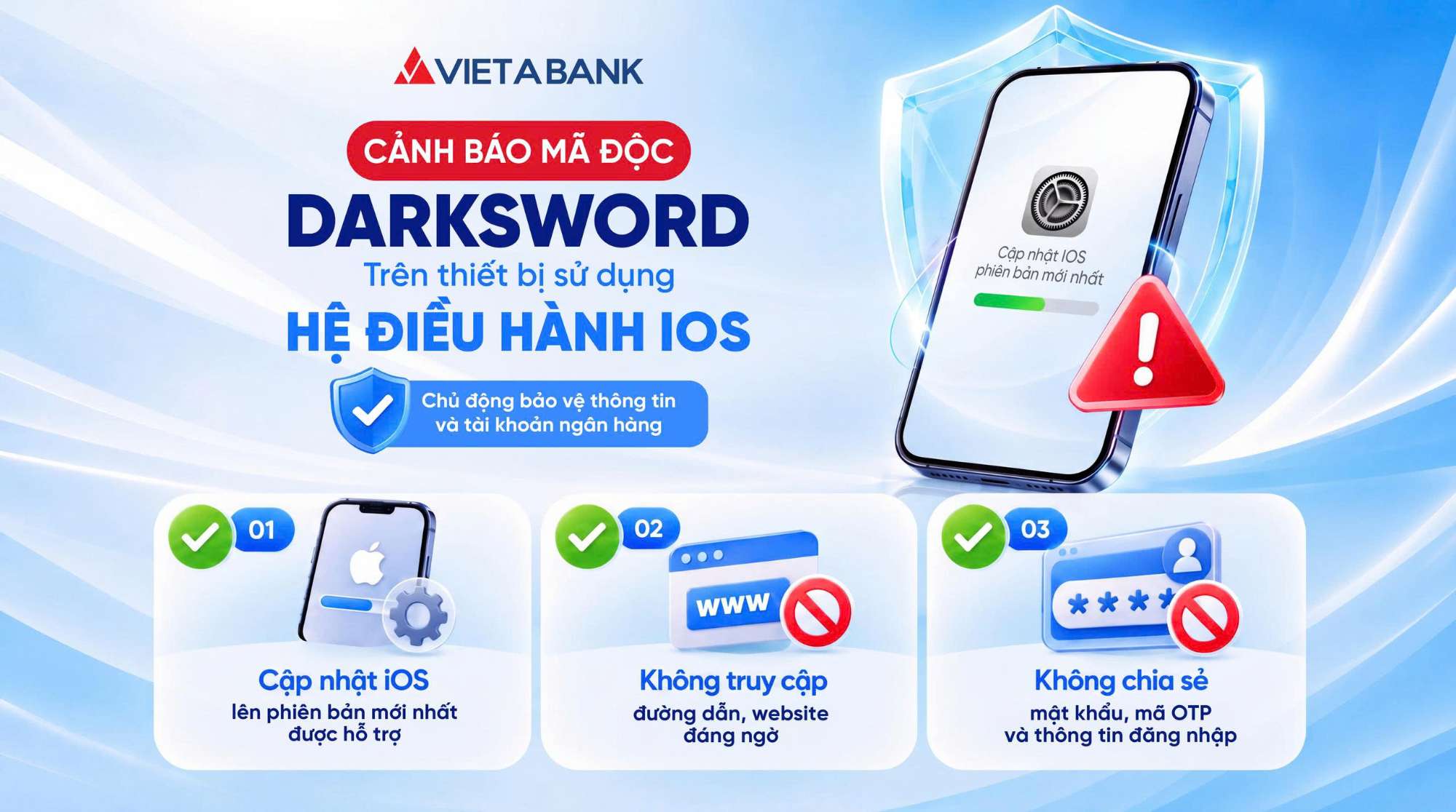VIETABANK cảnh báo mã độc DarkSword, khuyến nghị khách hàng cập nhật iOS để bảo vệ thông tin và tài khoản